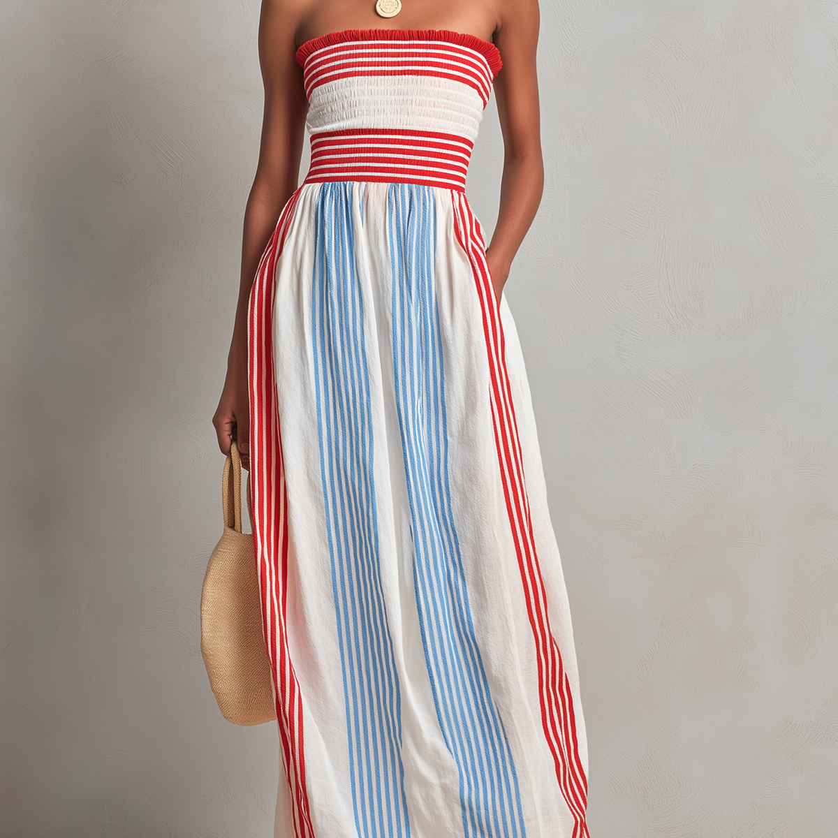 Red & Blue Striped Smocked Strapless Maxi Dress – oklora