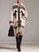 Women's Horse Pattern Fringe Knit Cardigan, Oversized Zip Up Western Sweater Coat