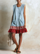 Light Blue Sleeveless Tunic Dress With Red Stripe And Ruffled Hem