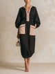 Women’s Black Nude Color Block Midi Dress, Front Zip Long Sleeve Elastic Waist Patch Pocket Casual Luxury Dress