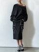 Women's Oversized Off Shoulder Sweatshirt & Cargo Midi Skirt Set – Contrast Trim Casual Two Piece Outfit