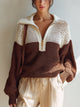 Women’s Contrast Color Half-Zip Knit Sweater – Cozy Oversized Pullover With Collared Neck And Textured Crochet Design