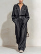 Women’s Black Linen Jumpsuit – Utility Style Zip Front Long Sleeve Jumpsuit With Drawstring Waist