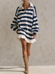 Navy White Striped Polo Collar Ruffle Hem Oversized Sweatshirt Mini Dress