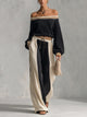 Women’s Off Shoulder Knit Two Piece Set – Elegant Long Sleeve Crop Top & Wide Leg Pants Lounge Outfit