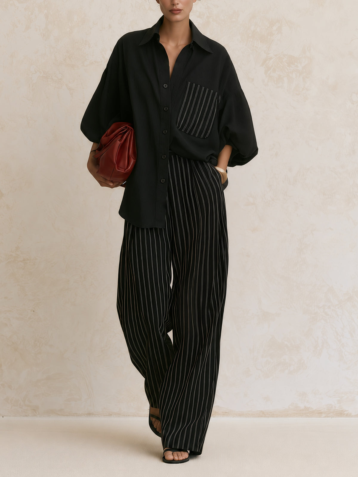 Pinstripe trousers with oversized white shirt business casual outfit