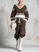 Brown Contrast Stripe V-Neck Oversized Knit Sweater & Drawstring Pants Two-Piece Set