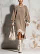Women’s Oversized Taupe Waffle Knit Sweater Dress With Contrast Ribbed Trim