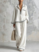 Ivory Contrast-Piped Relaxed Two-Piece Set – V-Neck Blouse & Wide-Leg Trousers