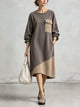 Taupe Color-Block Sweatshirt Dress With Utility Pocket – Relaxed Long-Sleeve Midi Dress