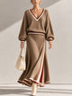 Women’s V-Neck Contrast Trim Knit Sweater & Flared Midi Skirt Set