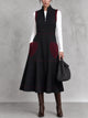 Women Half‑Zip Stand Collar Sleeveless Midi Dress, Heart Patch Pockets Contrast Stitching A‑Line Tank Dress