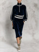 Women Half-Zip Stand Collar Velvet Dress, Striped Sleeve Track Style Midi Dress, Casual Sporty Fall Winter Dress