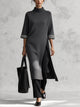 Elegant Mock‑Neck Long Knit Sweater, Contrast Striped Cuffs & High Side Slit For Women