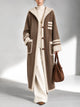 Women's Taupe Teddy Fleece Long Coat With Cream Contrast Trim
