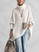 Women’s Oversized Chunky Knit Turtleneck Sweater With Contrast Pocket – Relaxed Casual Pullover Top