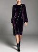 Women's Elegant Purple Velvet Asymmetric Button Midi Dress With Puff Sleeves