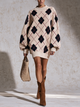 Cream Argyle Knit Sweater Dress With Balloon Sleeves
