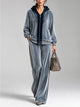 Women's Velour Zip Up Hoodie And Wide Leg Pants Two Piece Set With Contrast Stripes