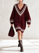 Women's Burgundy Fair Isle V-Neck Oversized Knit Sweater Dress, Long Sleeve Midi Knit Dress