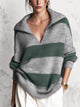 Grey Green Striped Mohair Blend Oversized Collared V Neck Sweater