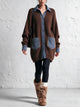 Women's Brown Ribbed Knit Cardigan With Denim Contrast Pockets And Collar