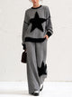 Women's Fuzzy Star Patch Ribbed Knit Two Piece Outfit, Long Sleeve Sweater & Wide Leg Pants Set