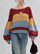 Women's Color Block Crochet Sweater, Off Shoulder Balloon Sleeve Chunky Knit Top