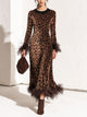 Women's Leopard Velvet Midi Dress, Long Sleeve Feather Trim Bodycon Dress