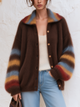 Fuzzy Mohair Blend Striped Sleeve Collared Cardigan