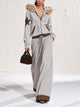 Women's Grey Faux Fur Hood Leopard Star Sweatshirt Set, Zip Hoodie & Wide Leg Pants Two Piece Outfit