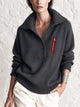 Relaxed Fit Knit Polo Sweater with Contrast Red Zipper Pocket