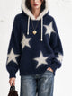 Women's Fuzzy Star Knit Hooded Sweater, Furry Trim Hood Drawstring Pullover
