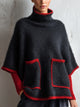 Women's Black Oversized Knit Sweater with Red Contrast Trim and Patch Pockets