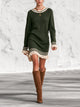 Elegant Olive Green Ribbed Knit Mini Dress With Contrast Fringe Trim