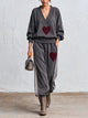 Women's Charcoal Gray Two Piece Sweatshirt Set With Burgundy Heart Appliqué And Striped Pants