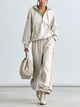 Women's Cream Half-Zip Sweatshirt Set – Relaxed Hoodie And Wide-Leg Jogger Pants