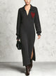 Chic Ribbed Knit Polo Maxi Dress With Heart Patch And Side Slit