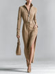 Women's Camel Suede Zip-Front Maxi Dress – Long Sleeve Belted Slit Dress