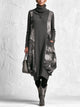 Women's Charcoal Gray Turtleneck Knit Dress With Marbled Fabric Patchwork Panels & Oversized Pockets