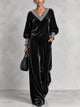 Luxurious Black Velvet Two-Piece Set With Contrast Striped V-Neck And Wide-Leg Pants
