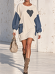 Heart Patchwork Denim Contrast Long Sweatshirt Dress