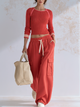 Coral Red Ribbed Knit Set With Cargo Wide Leg Sweatpants