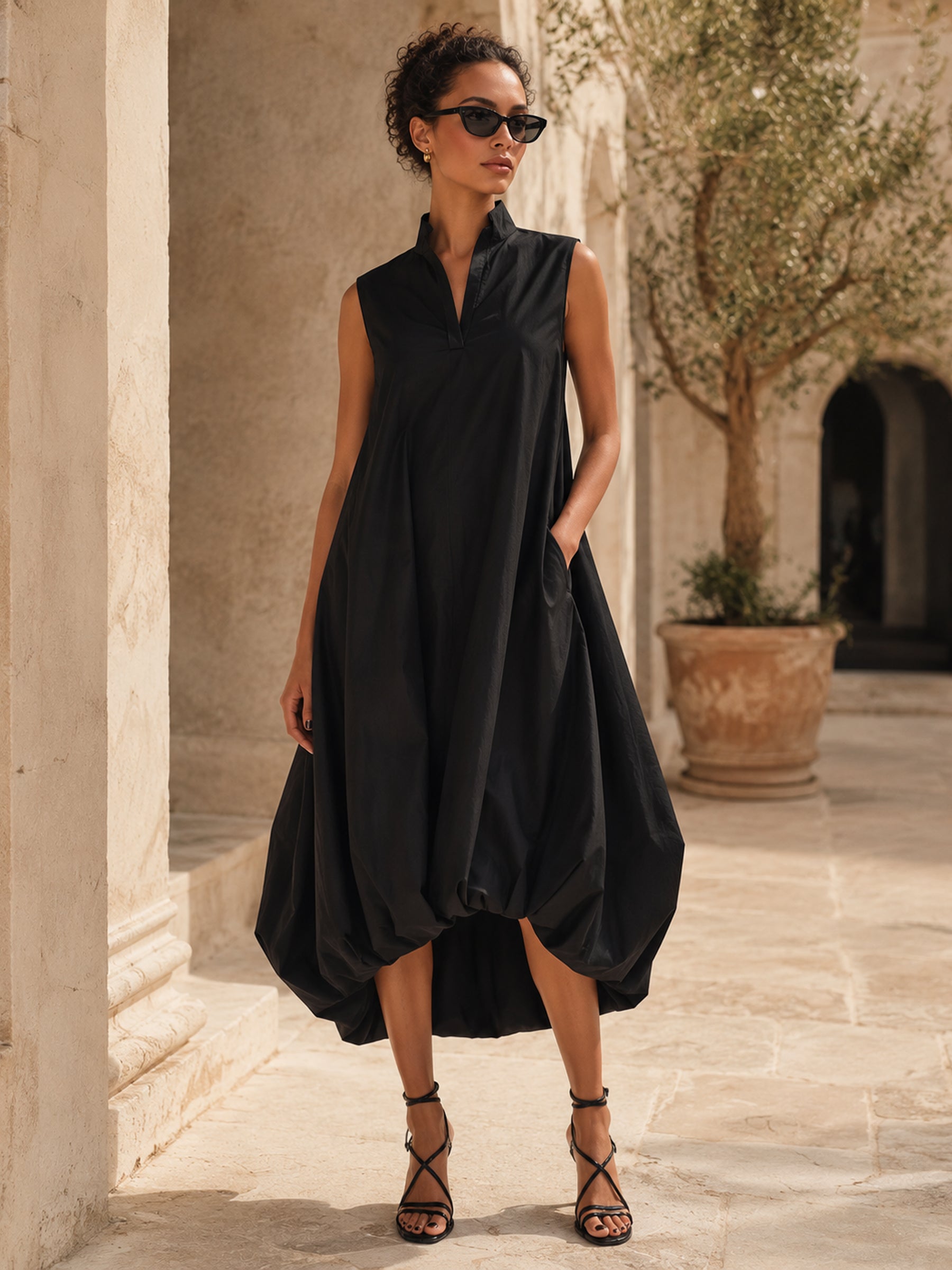 Sleeveless High-Neck Bubble Hem Midi Dress – oklora