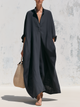 Dark Gray Stand Collar Half Placket Linen Maxi Dress, Oversized Batwing Sleeve Casual Cotton Linen Long Dress With Side Pockets