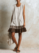 Light Blue Sleeveless Tunic Dress With Red Stripe And Ruffled Hem