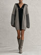 Women’s Oversized Contrast Hooded Knit Sweater Dress – Ribbed V-Neck Long Sleeve Mini Dress
