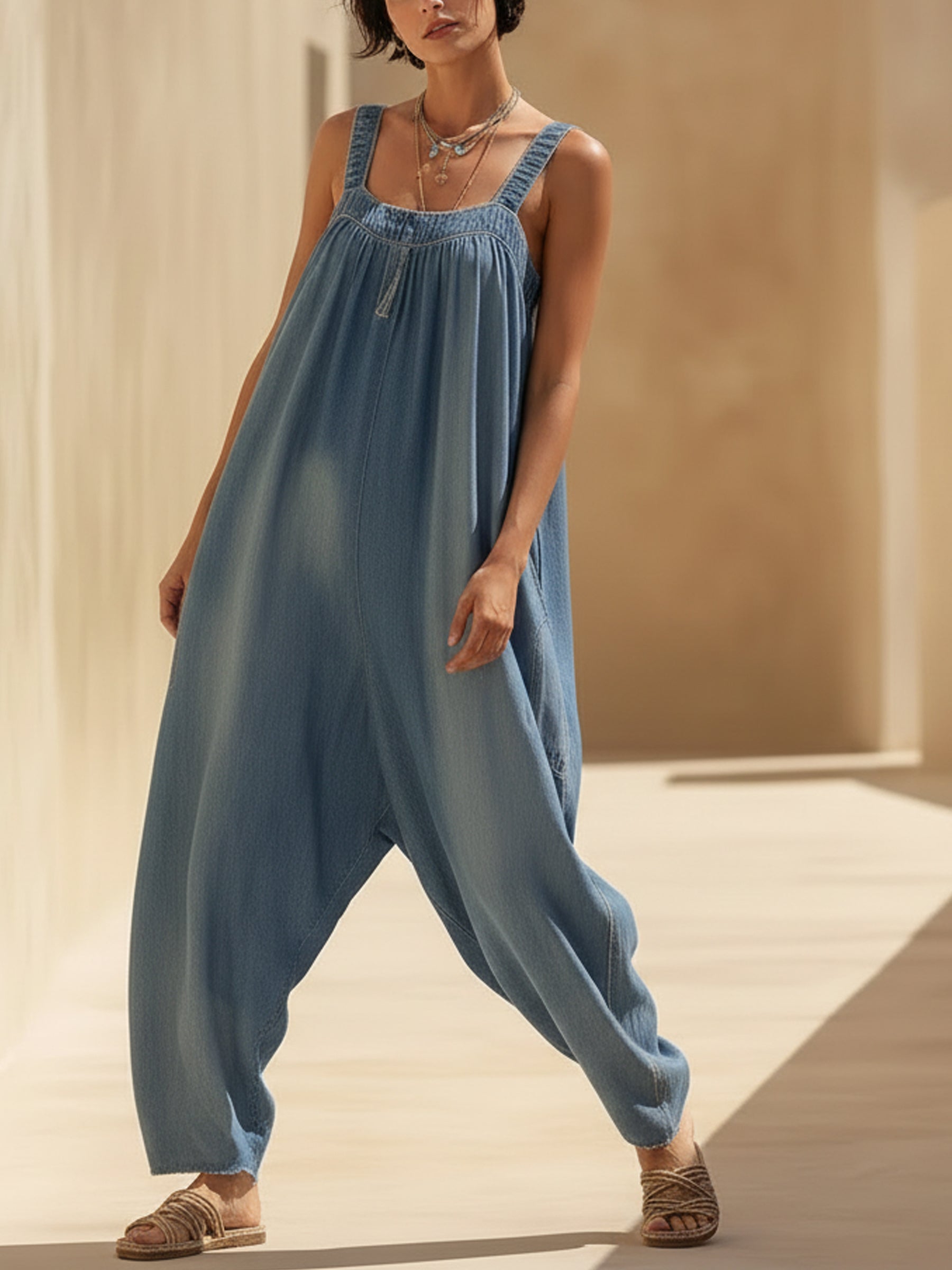 Oversized Lightweight Denim Jumpsuit - Sleeveless Wide-Leg Romper